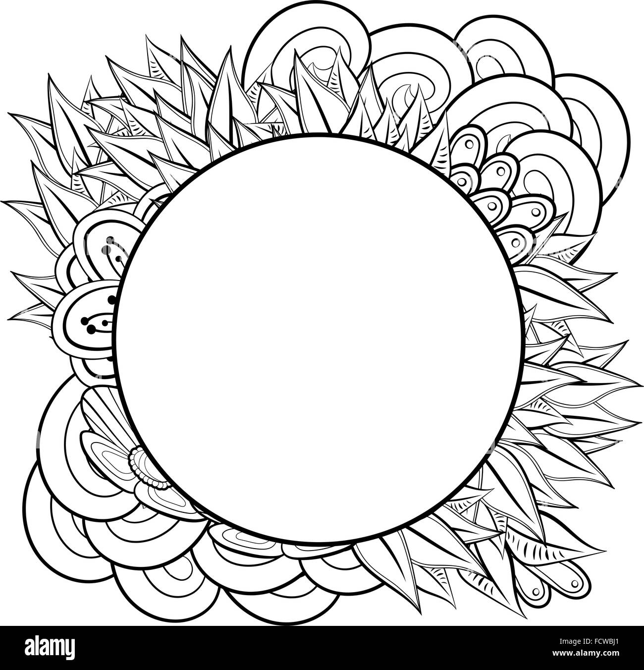 Vector floral round frame. Ethnic retro design in zentangle style with flowers and abstract elements Stock Vector