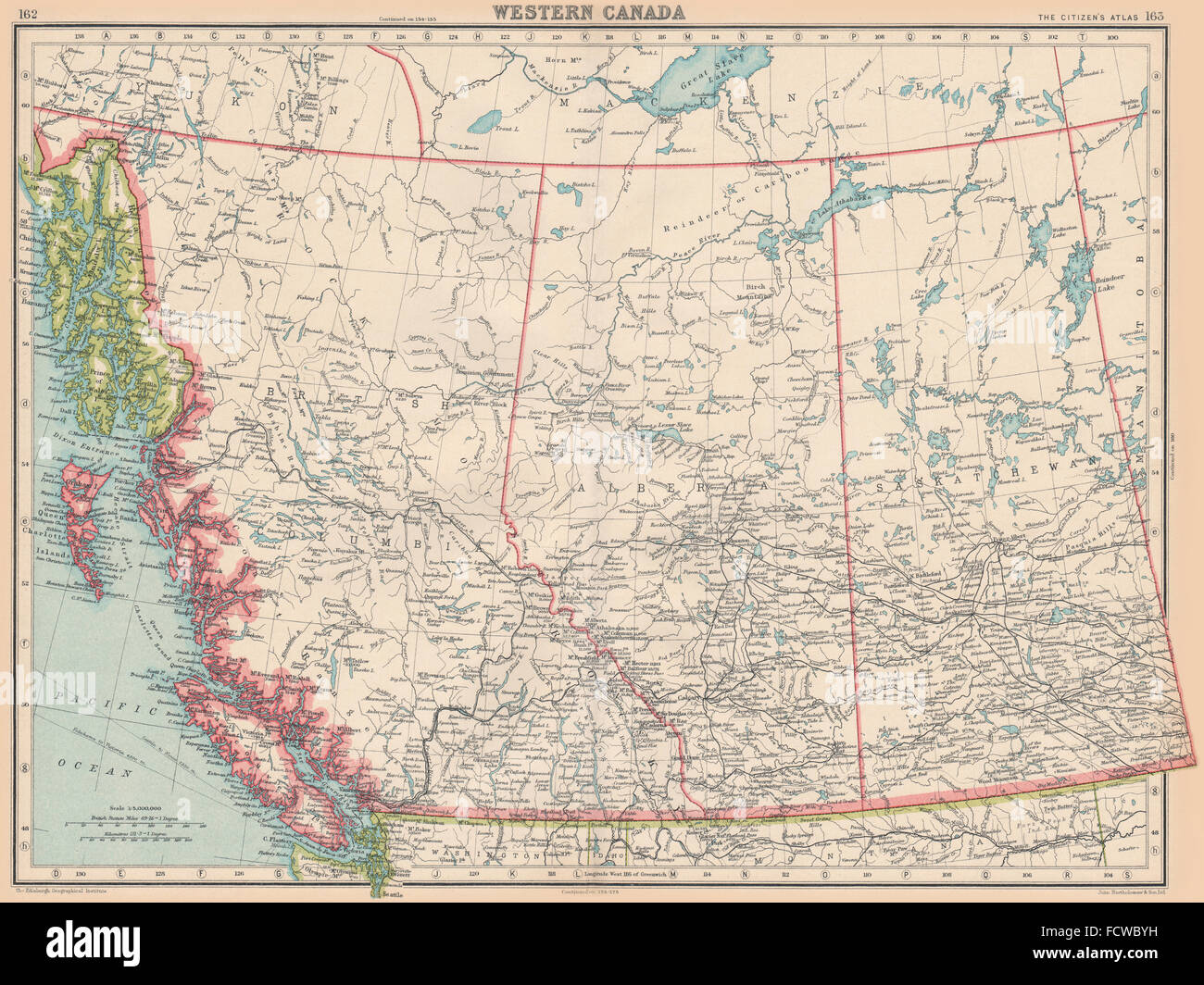 WESTERN CANADA: British Columbia Alberta Saskatchewan. BARTHOLOMEW, 1924  map Stock Photo - Alamy