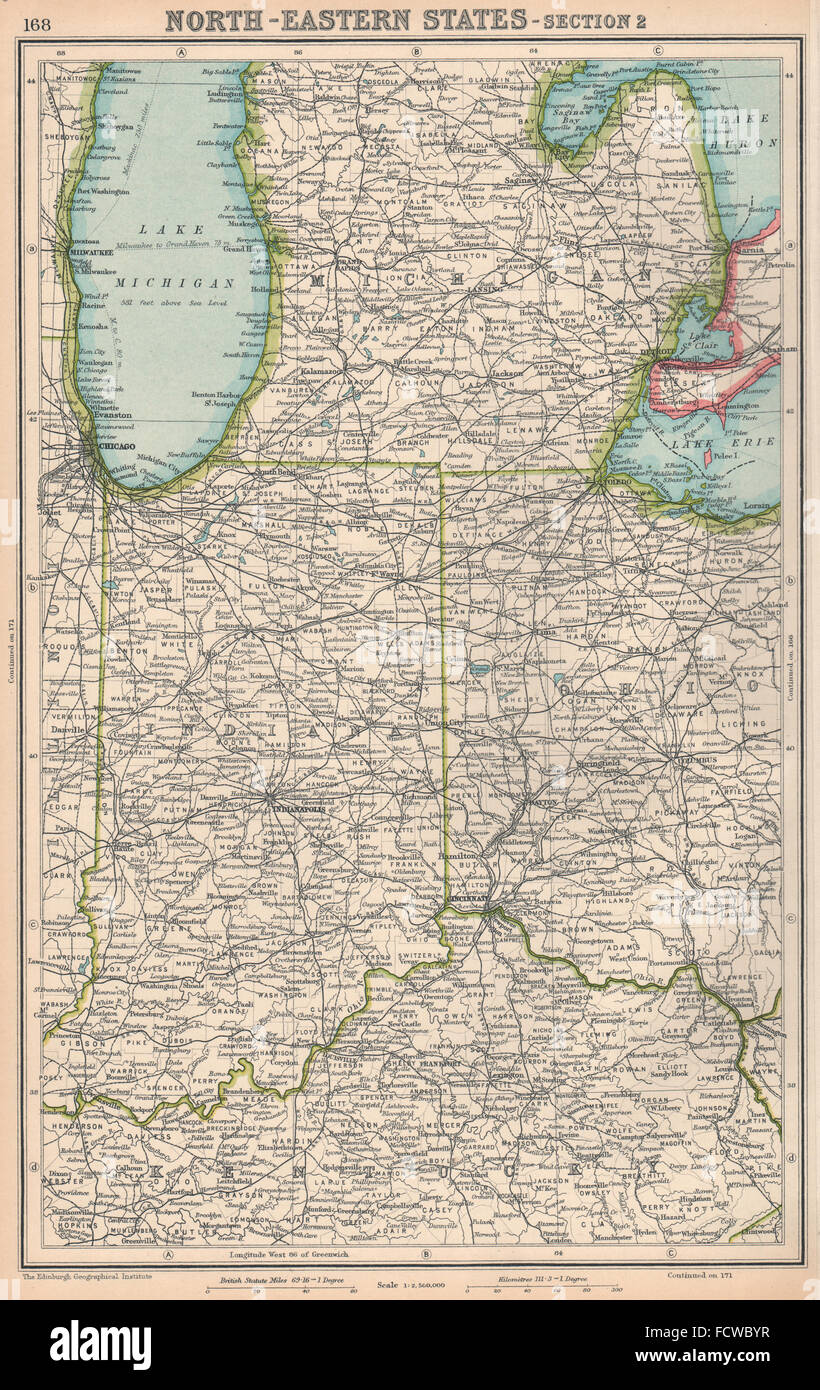 MIDWEST USA: Indiana Michigan Ohio. BARTHOLOMEW, 1924 vintage map Stock Photo - Alamy