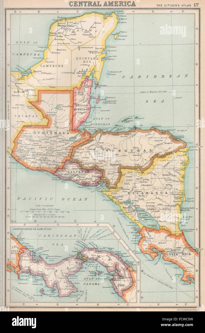 CENTRAL AMERICA: US Panama canal zone ownership shown. BARTHOLOMEW, 1924 map Stock Photo