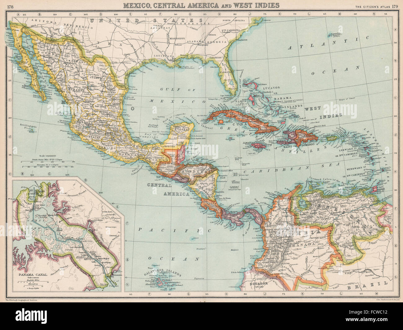 CENTRAL AMERICA: Gulf of Mexico Caribbean. Panama Canal. BARTHOLOMEW, 1924 map Stock Photo