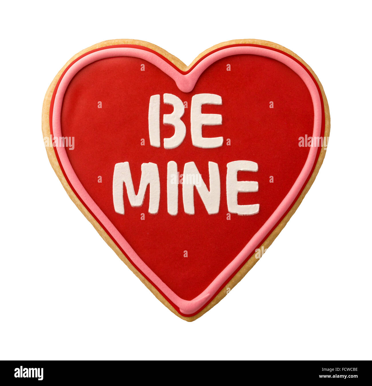 Be Mine Heart Shaped Valentine Cookie isolated, with  icing. Stock Photo