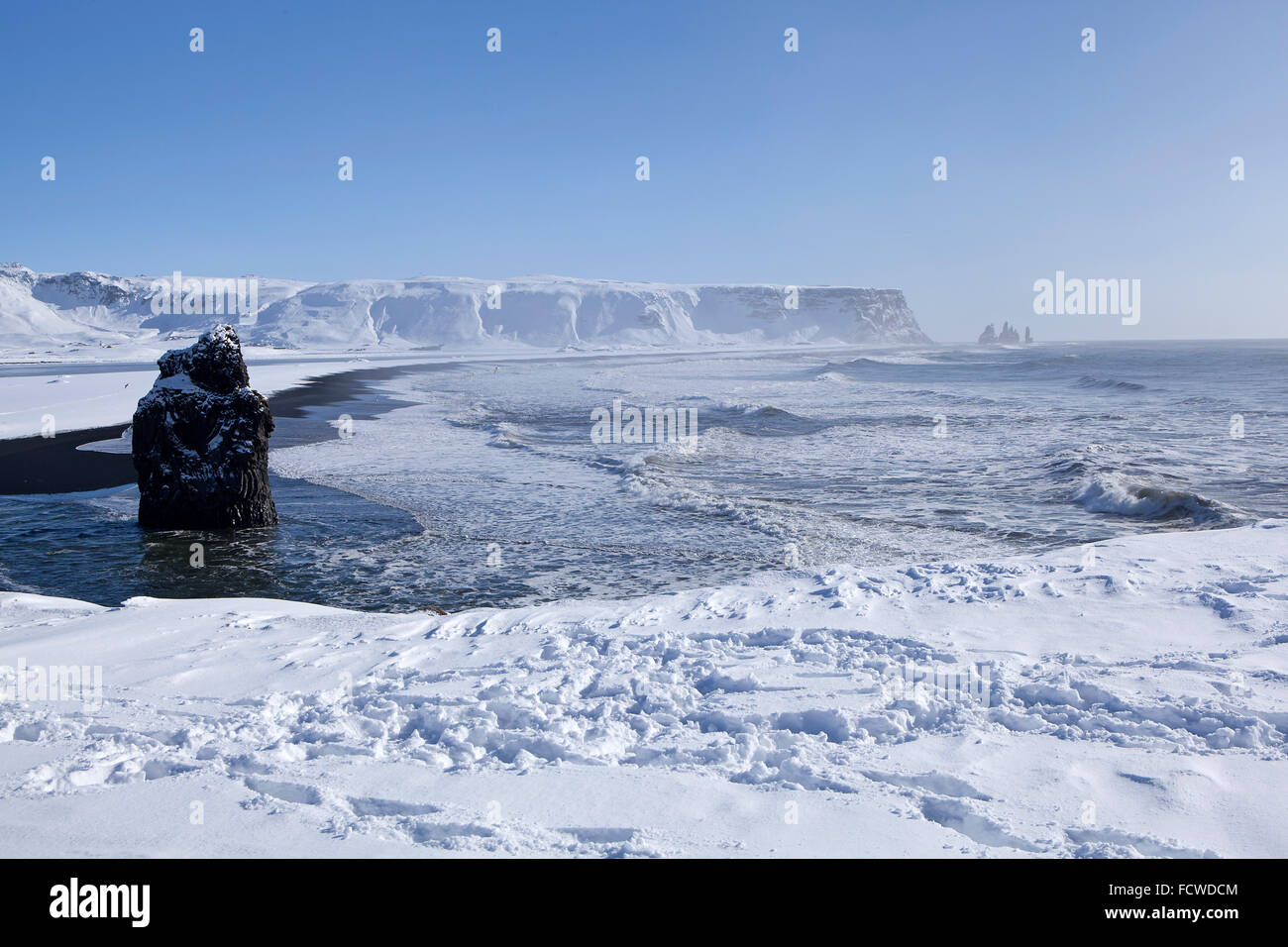 Wide lens capture of the panorama near Vik, Iceland in wintertime Stock Photo