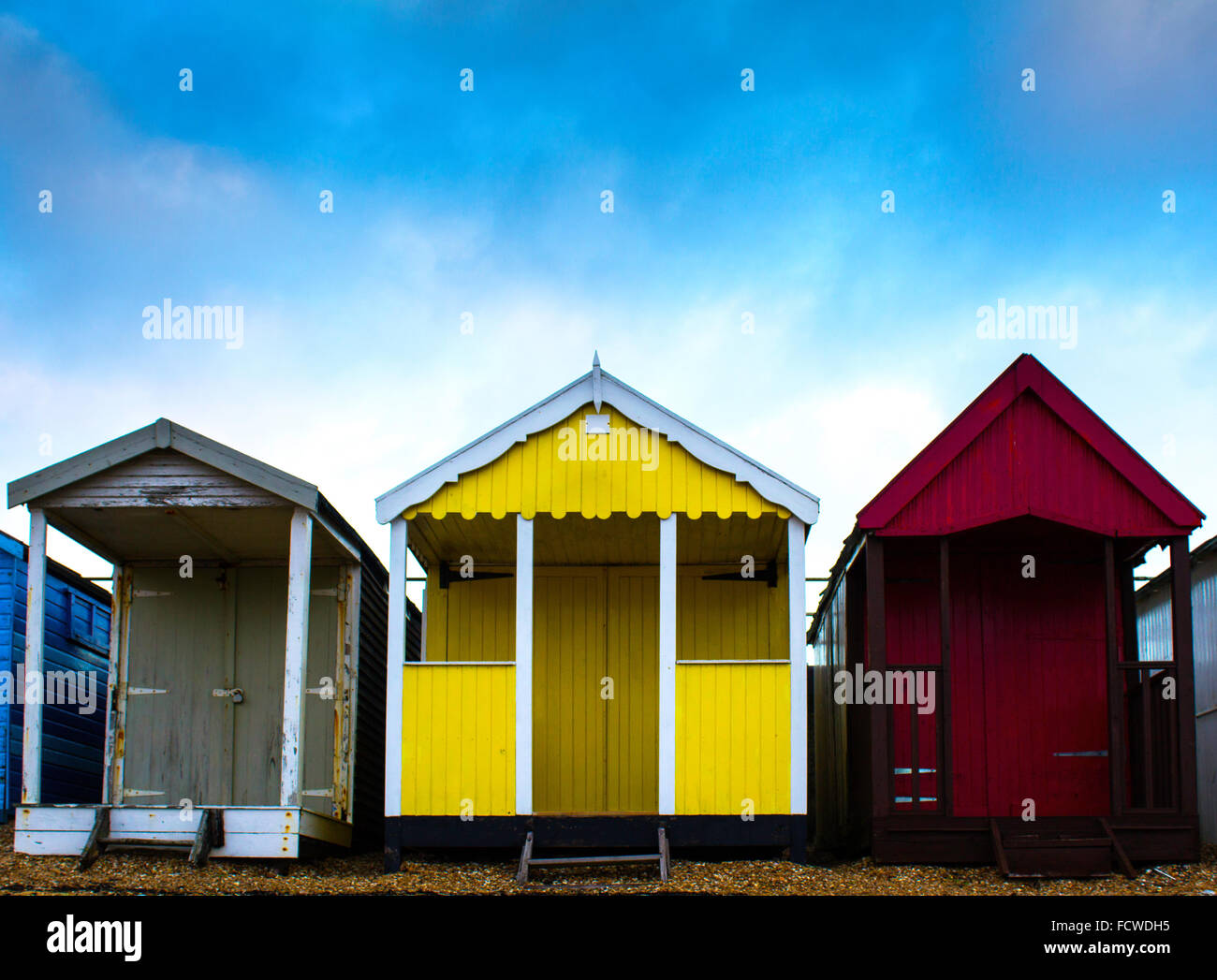 Three Beach Huts from Southend on Sea Stock Photo