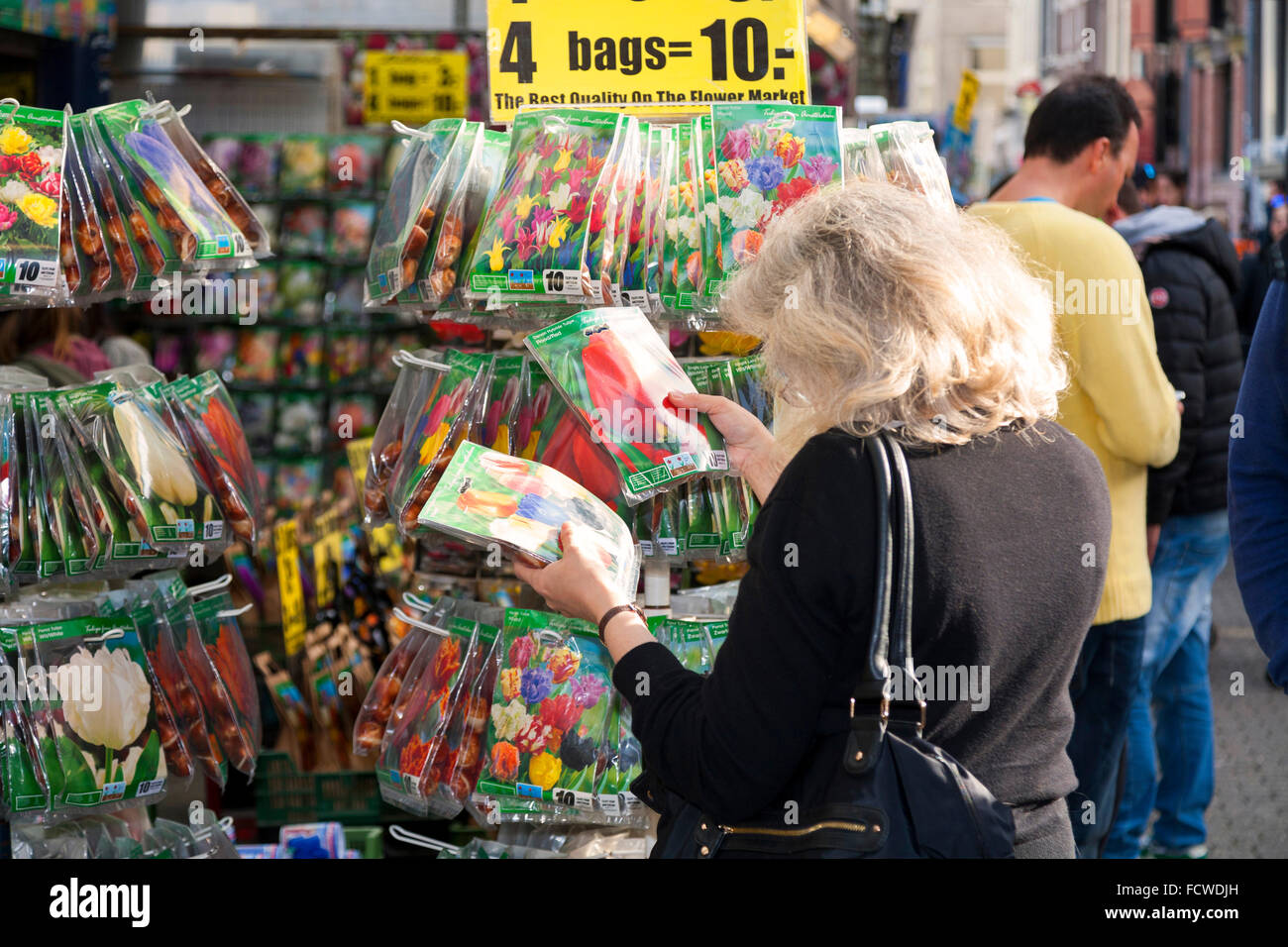 Shopper deciding on tulip bulbs for sale in the autumn at the Amsterdam