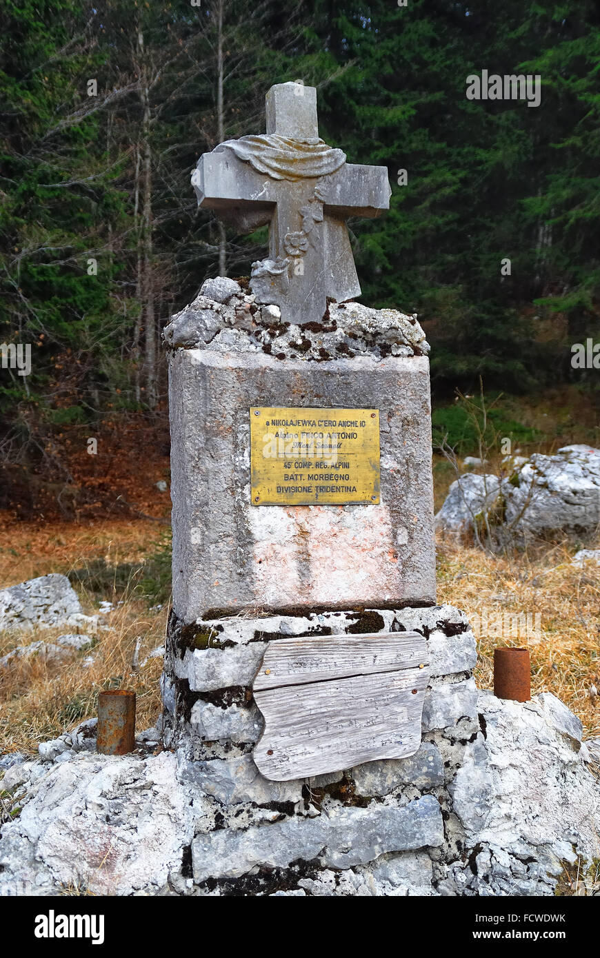 Gallio, Asiago Plateau. Stone monument in memory of the Alpini who died in Russian retreat after the battle of Nikolayevka. The monument was commissioned by the veteran of the Russian retreat Antonio Finco. Stock Photo