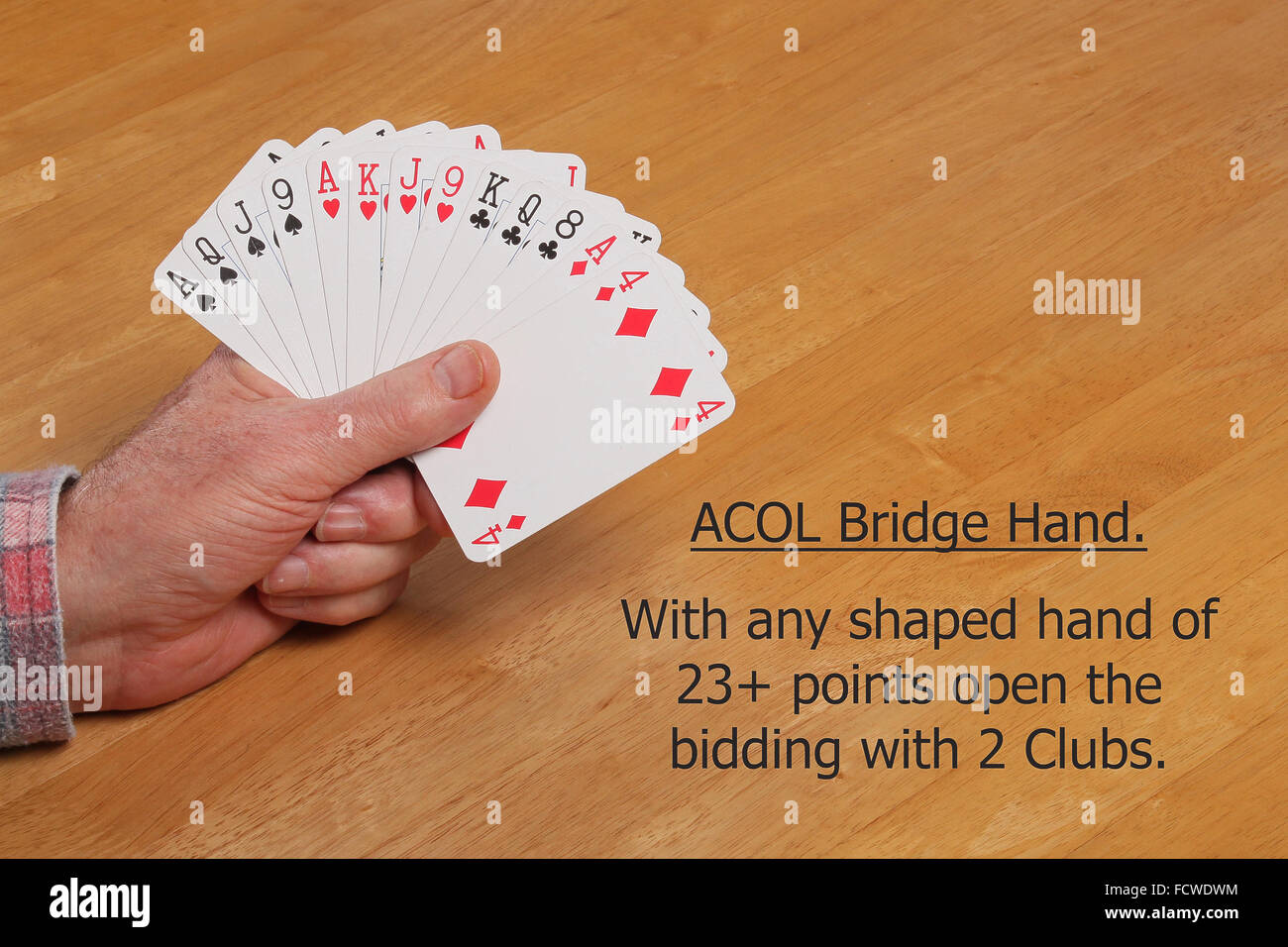 ACOL Contract Bridge Hand. With a hand of 23+ points (any shape) or 10 playing tricks open the bidding with two clubs. Stock Photo