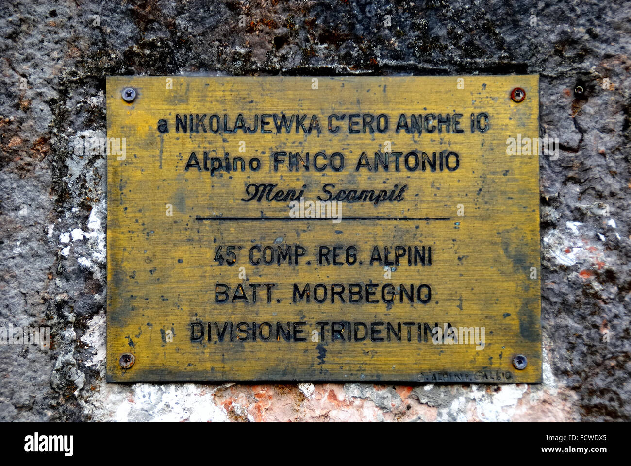 Gallio, Asiago Plateau. Stone monument in memory of the Alpini who died in Russian retreat after the battle of Nikolayevka. The monument was commissioned by the veteran of the Russian retreat Antonio Finco.  Detail. Stock Photo