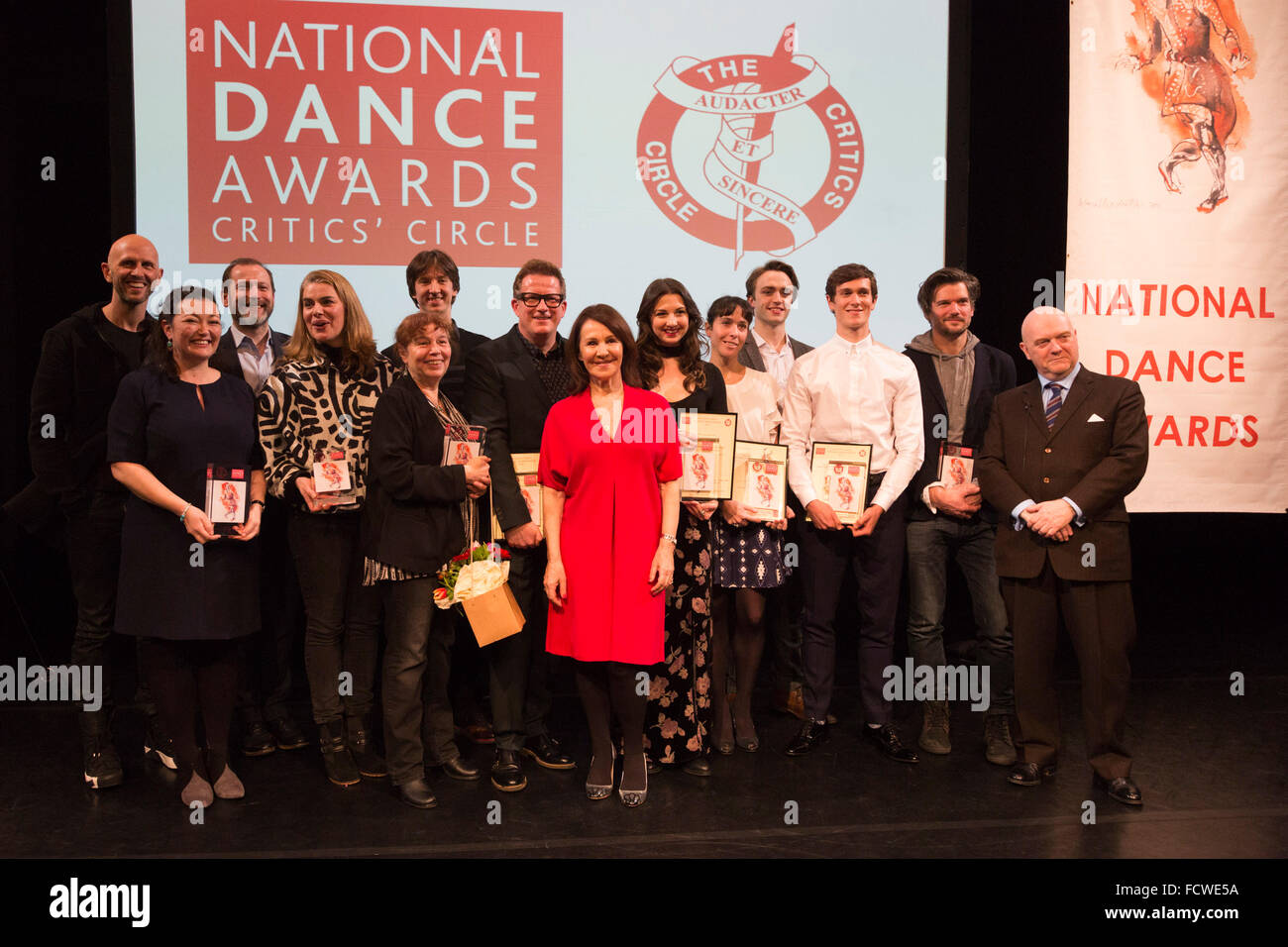 London, UK. 25 January 2015. Group shot of the winners with Arlene Phillips, centre. The Critics' Circle National Dance Awards 2015 take place at The Place in London. Credit:  Vibrant Pictures/Alamy Live News Stock Photo
