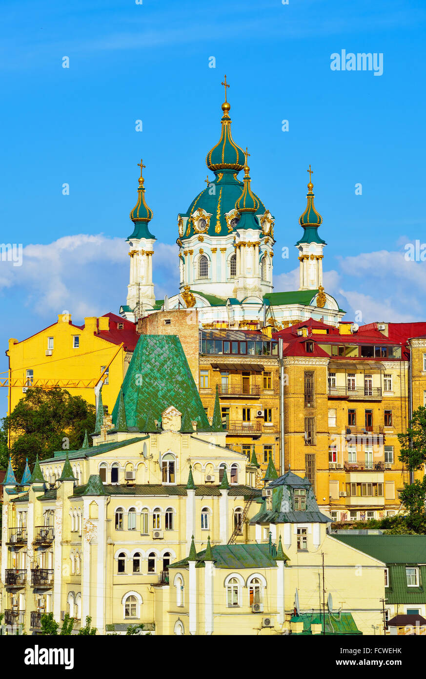Kiev, Ukraine. St. Andrew's Church and the old houses on the St. Andrew's Descent street in Kyiv. Stock Photo
