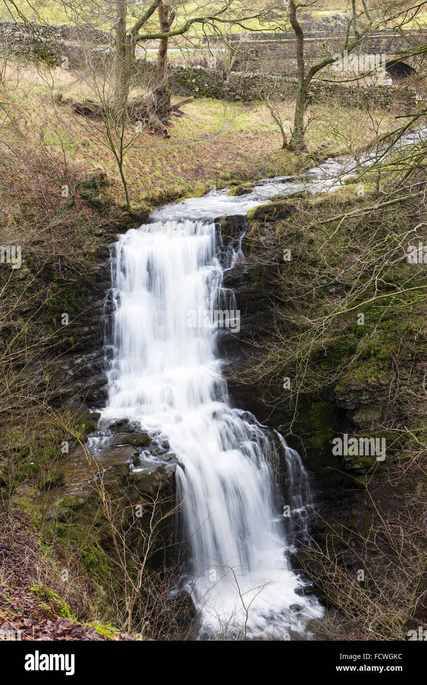Scaleber Force waterfall in full flow, Settle, Yorkshire Dales National Park, England, UK, January 2016 (1) Stock Photo