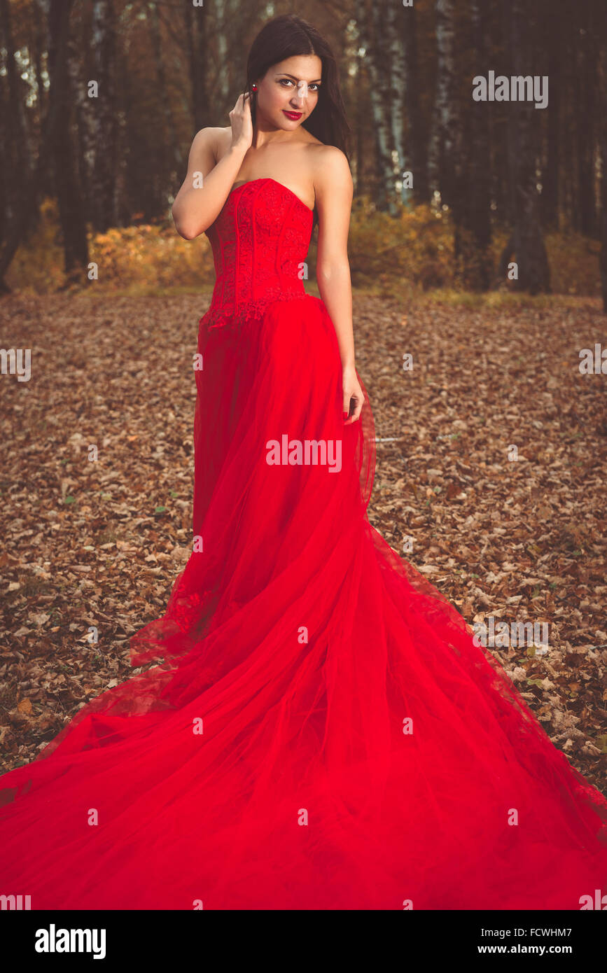 Portrait of a beautiful young woman in a red dress Stock Photo - Alamy
