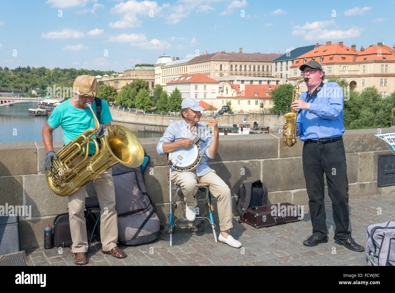 PRAGUE - AUGUST 6: buskers playing  on the famous Charles Bridge, completed in 1400 and is 515 meters long  on august 6,2015 in  Stock Photo