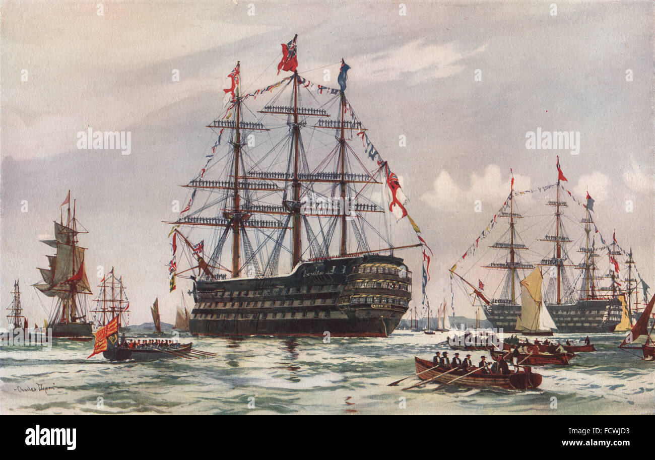 ROYAL NAVY: The 'Queen' at the Spithead review of 1845. Battleship, print 1901 Stock Photo