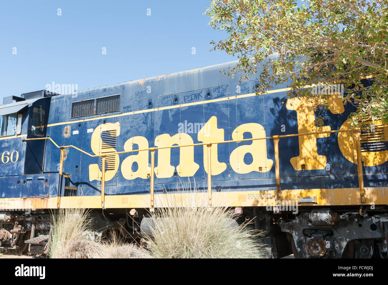 No longer used the old Number 60 Santa Fe train parked up in Barstow California at Amtrack Rail Station which houses Western Ame Stock Photo