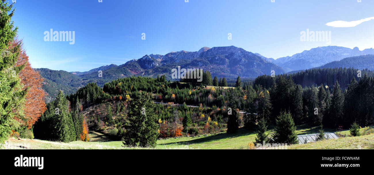 Panorama of the Ammergauer Alps at the border of Germany and Austria in autumn, shot taken from the Buchenbergalm in Allgäu, Bav Stock Photo