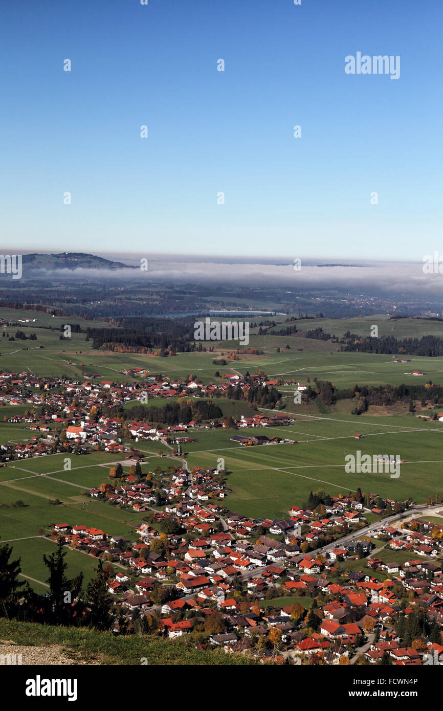 View on the town Buching from the Buchenbergalm in Allgäu, Bavaria, Germany. Stock Photo