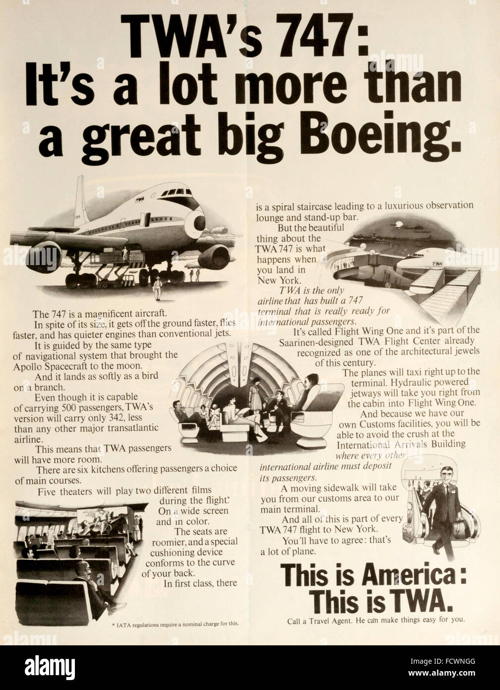 1970s magazine advertisement advertising TWA and Boeing 747 jets. Stock Photo