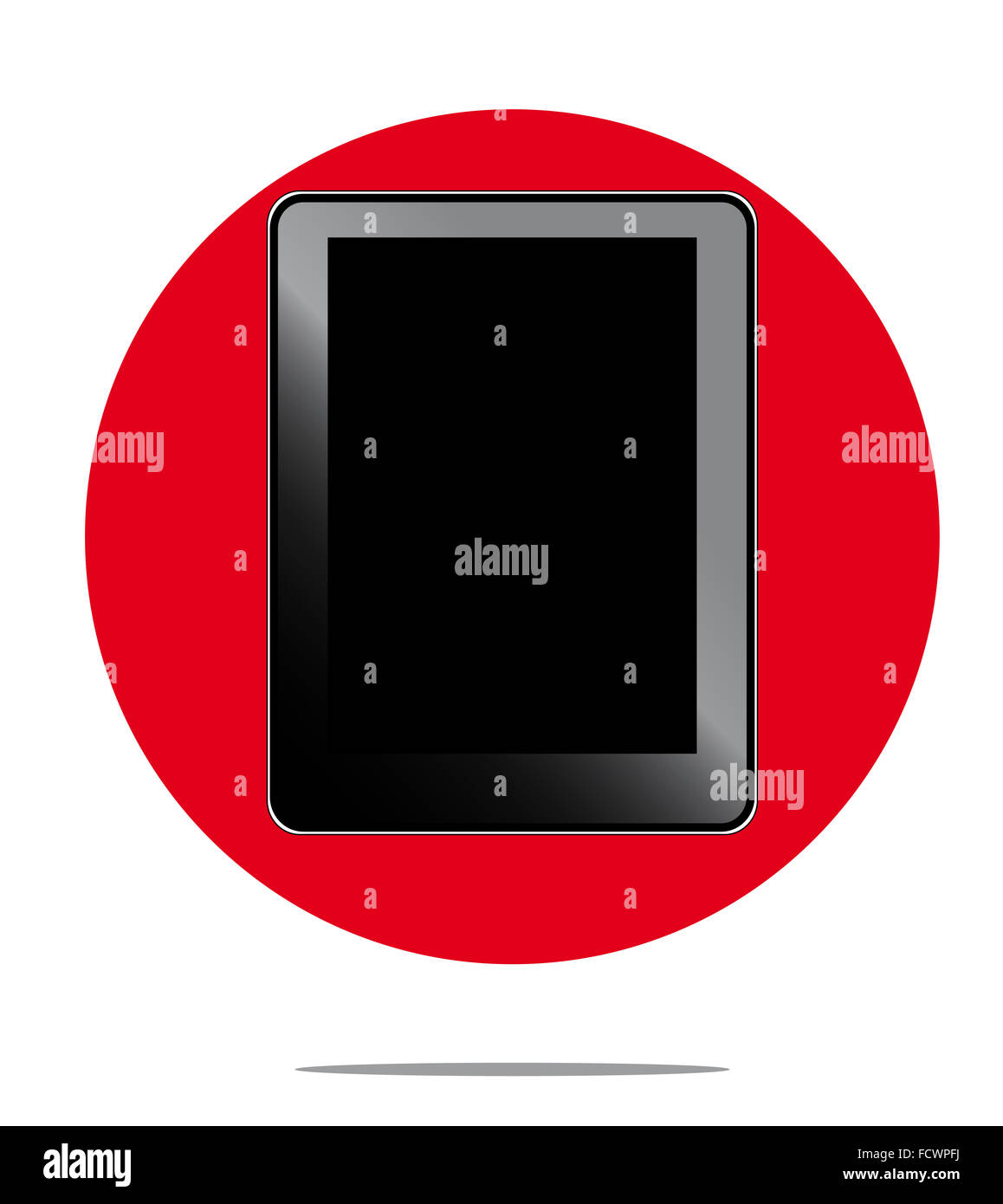 Illustration of black computer tablet with red circle background Stock Photo