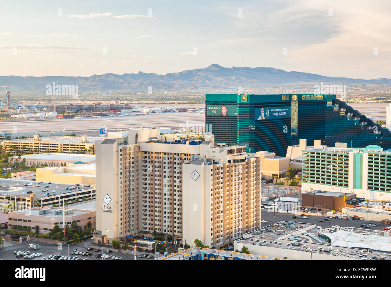 LAS VEGAS, NEVADA - MAY 8, 2014: Pictured here is a view across Las Vegas with Maccarren International Airport and resort casino Stock Photo