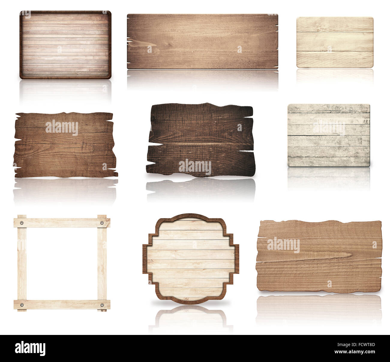 Brown wooden boards, signboard, planks and dark frame are isolated on white background Stock Photo
