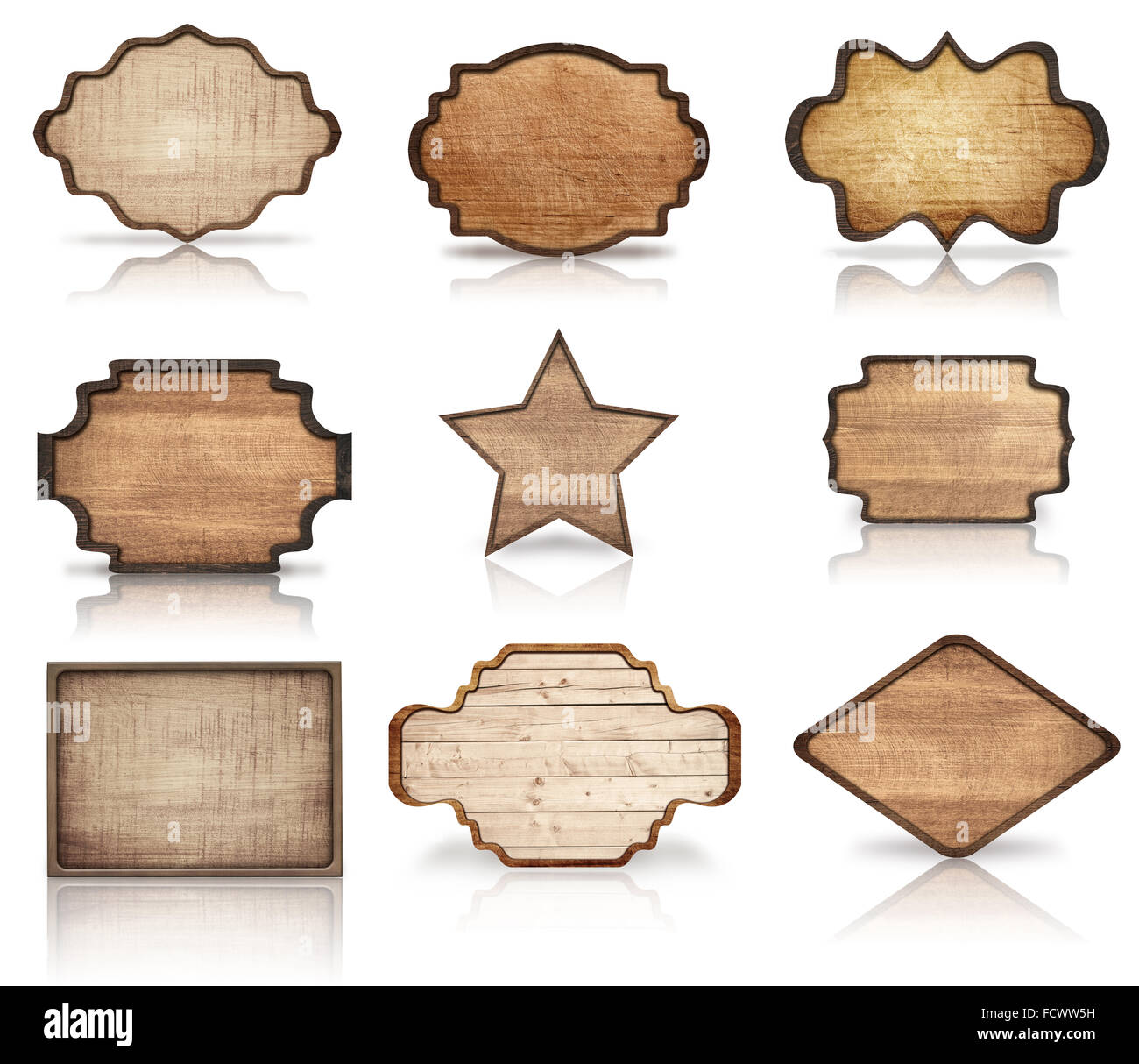 Brown wooden boards, signboard, planks. star and dark frames are isolated on white background Stock Photo