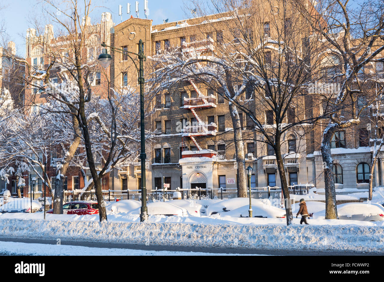 Cars buried in snow in front of Eastern Parkway apartment buildings in the Crown Heights after the Blizzard of 2016,Brooklyn, NY Stock Photo