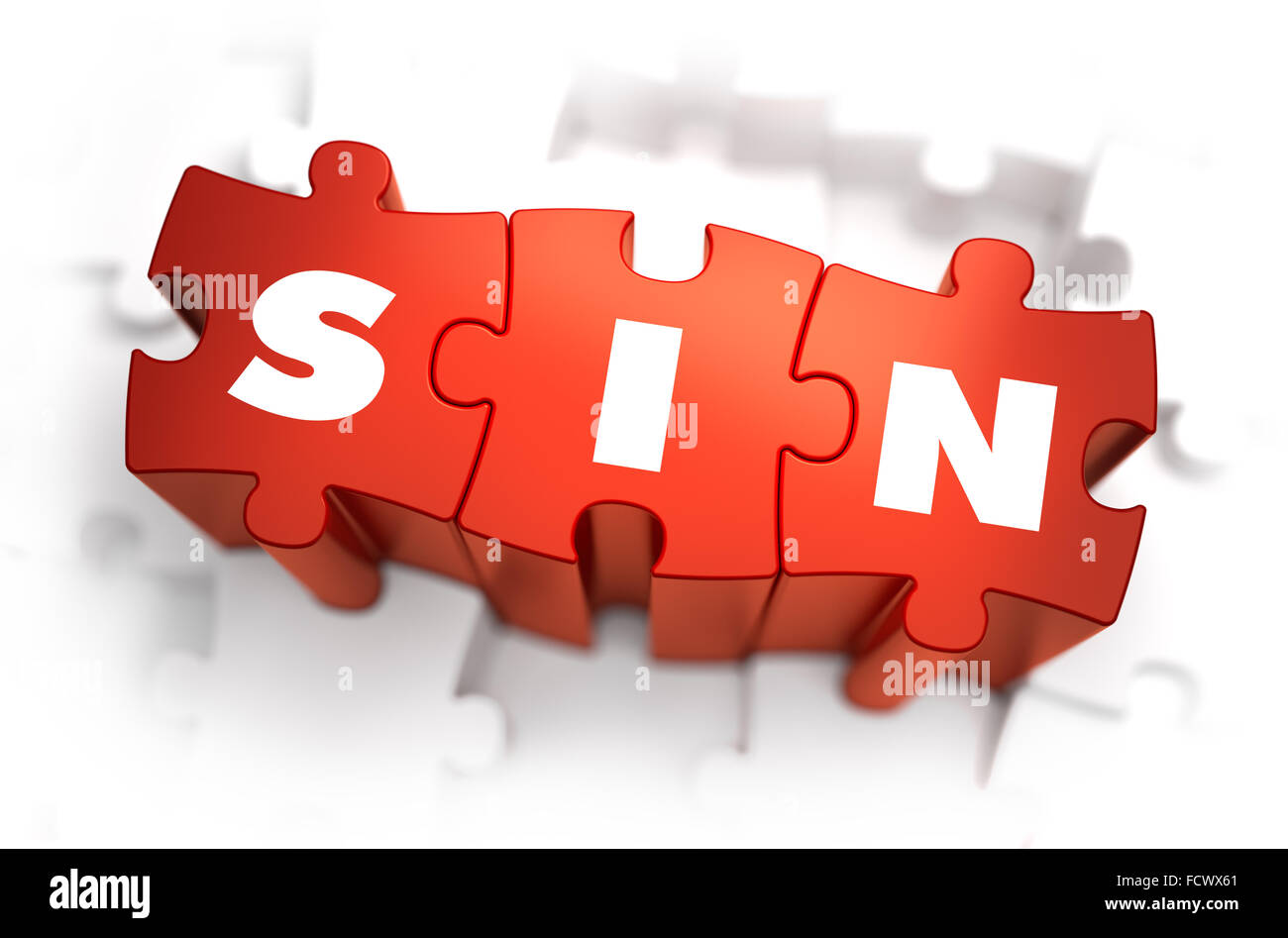 Sin - Text on Red Puzzles with White Background. 3D Render. Stock Photo