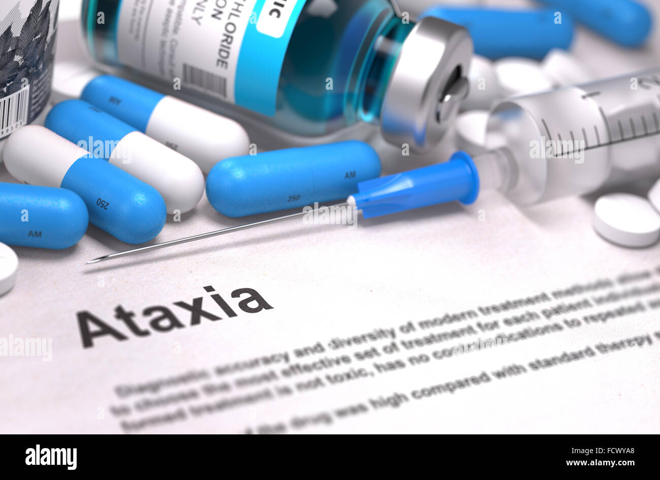 Ataxia - Printed Diagnosis with Blue Pills, Injections and Syringe. Medical Concept with Selective Focus. Stock Photo