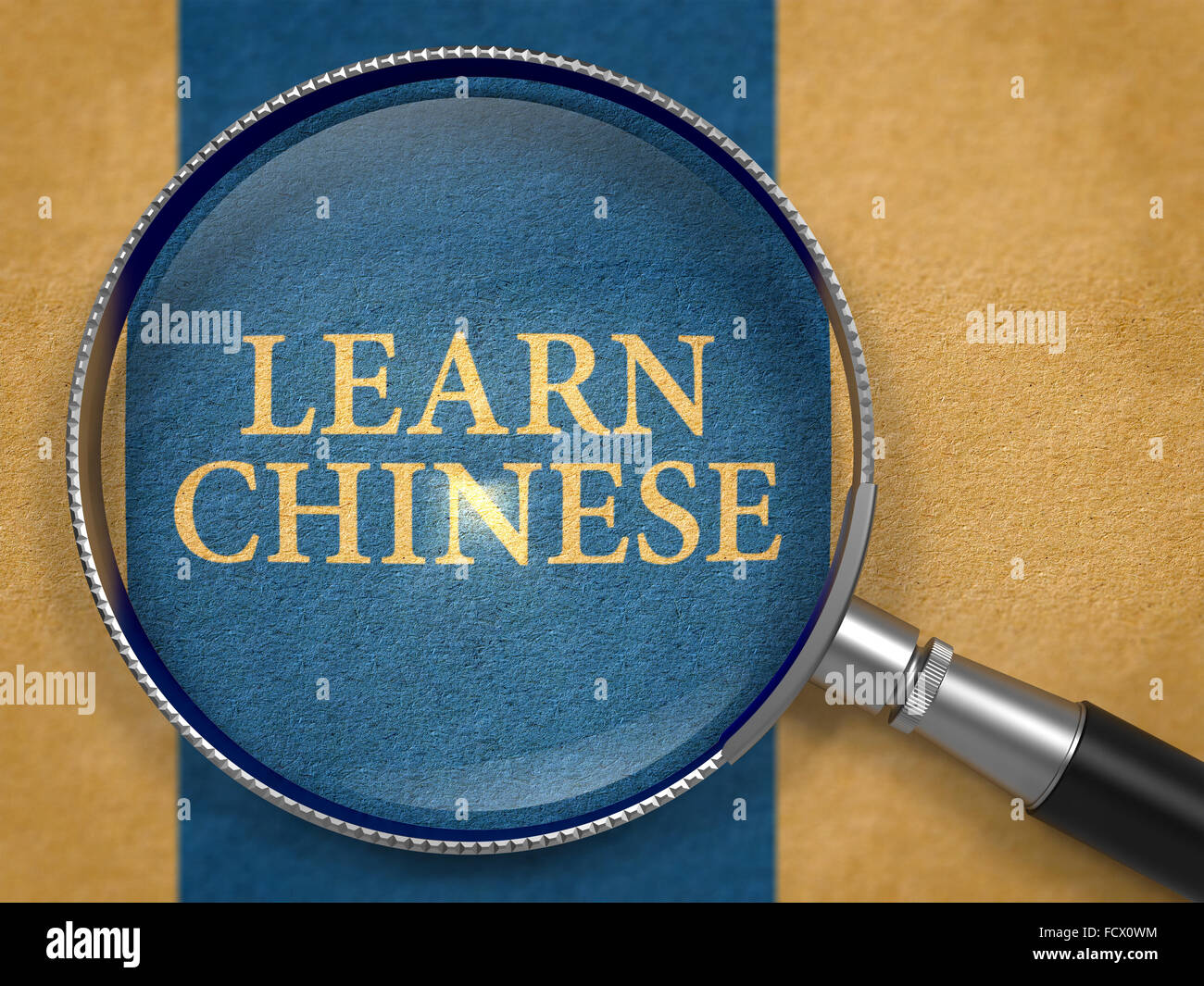 Learn Chinese through Magnifying Glass on Old Paper with Dark Blue Vertical Line Background. Stock Photo
