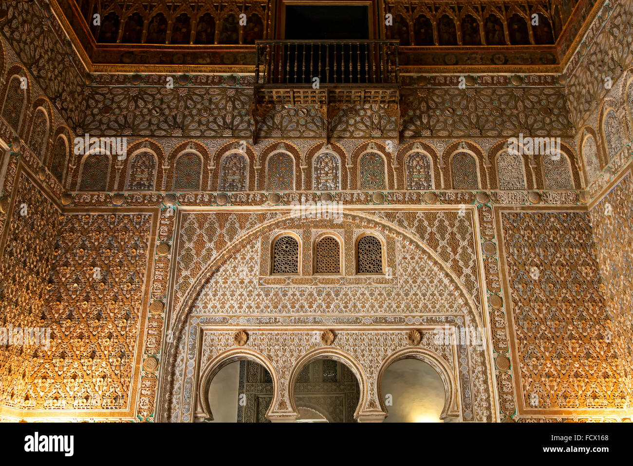 Intricately carved wall, Salon de Embajadores (Hall of the Ambassadors), Reales Alcazares, Seville, Spain Stock Photo