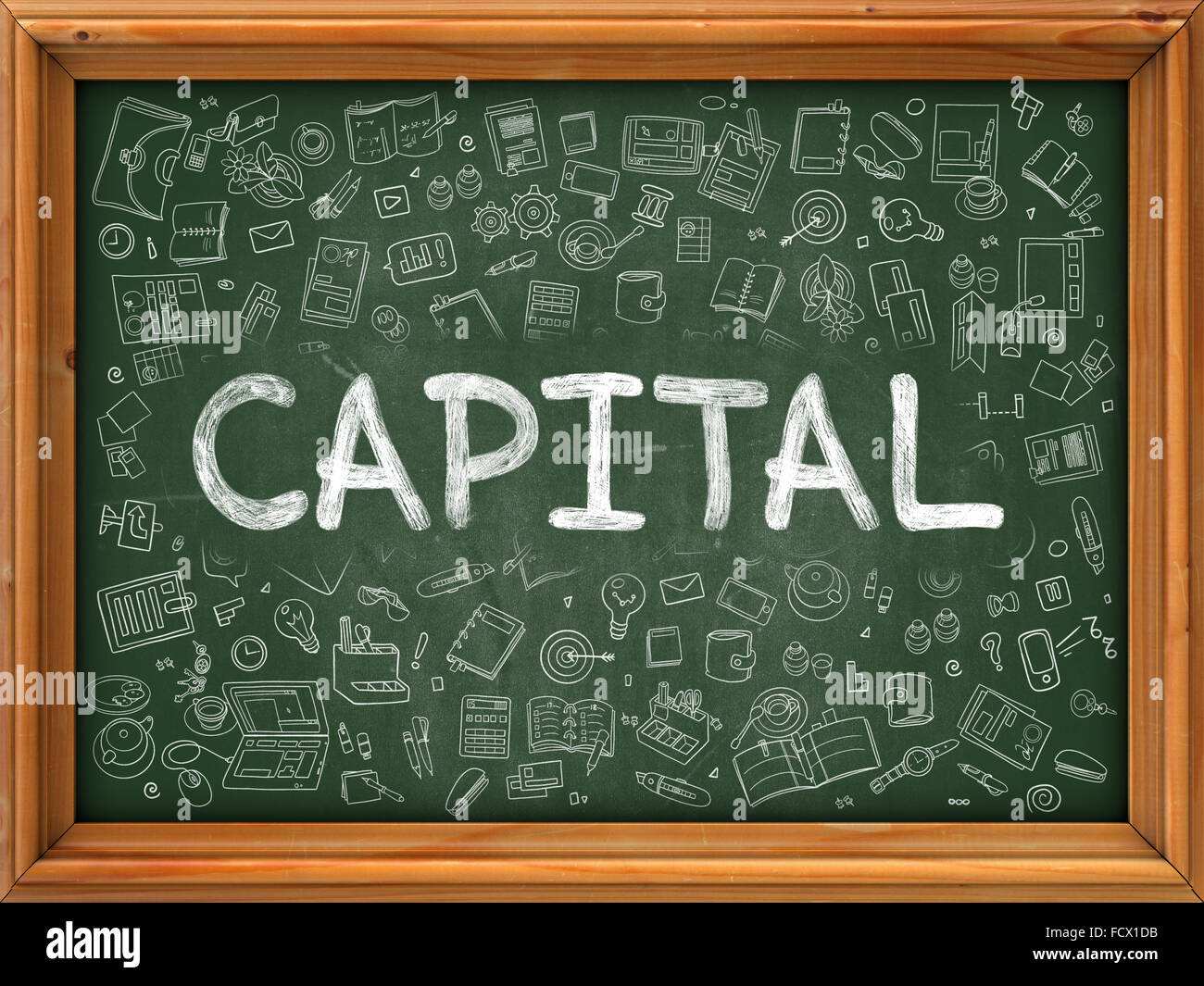 Hand Drawn Capital on Green Chalkboard. Hand Drawn Doodle Icons Around ...
