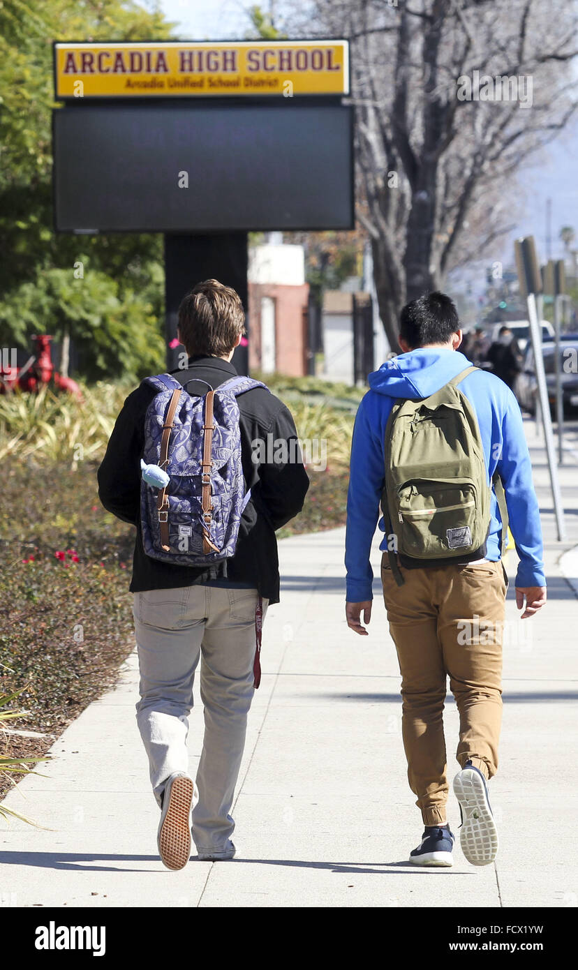 Los Angeles, California, USA. 25th Jan, 2016. Students are seen at Arcadia High School, California on Monday. Two brothers, 15 and 16, were found by their parents about 12:40 p.m. Friday at their home in the 400 block of Fairview Avenue. They appeared to have suffered blunt force trauma and were pronounced dead at the scene, according to Sheriff's authorities. They were identified as Arcadia High School students William and Anthony Lin, according to a statement from the Arcadia Unified School District. Their 44-year-old uncle, identified as Deyun Shi, who is suspected of killing the boys afte Stock Photo
