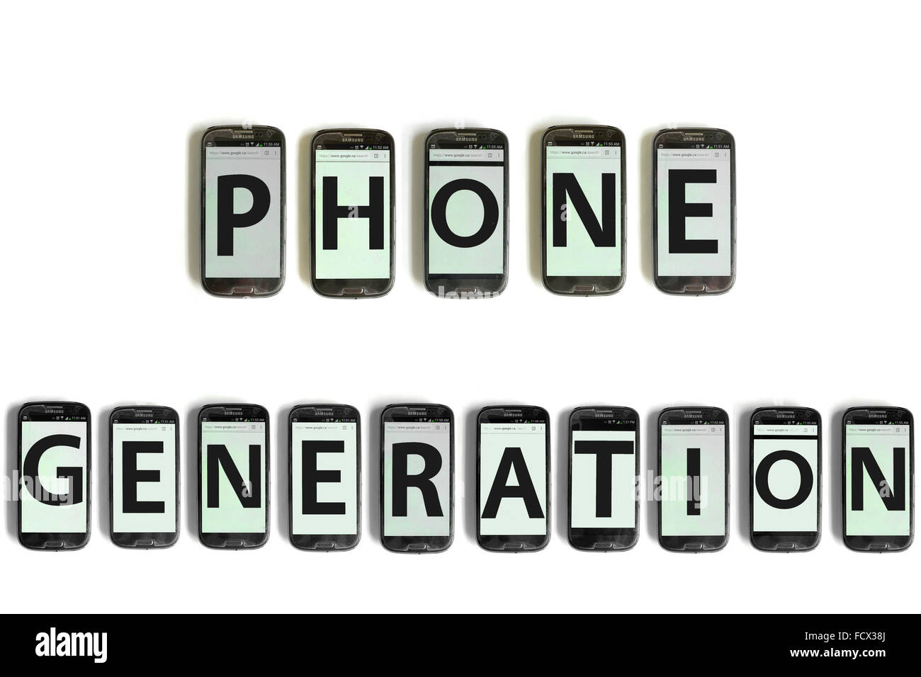 Phone Generation on the screens of smartphones photographed against a white background. Stock Photo