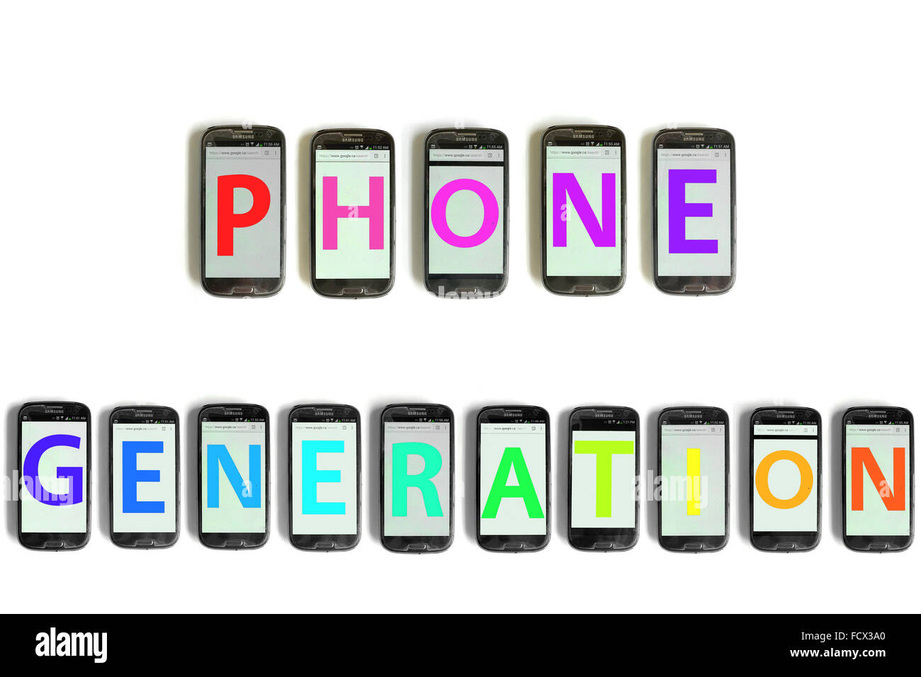 Phone Generation on the screens of smartphones photographed against a white background. Stock Photo
