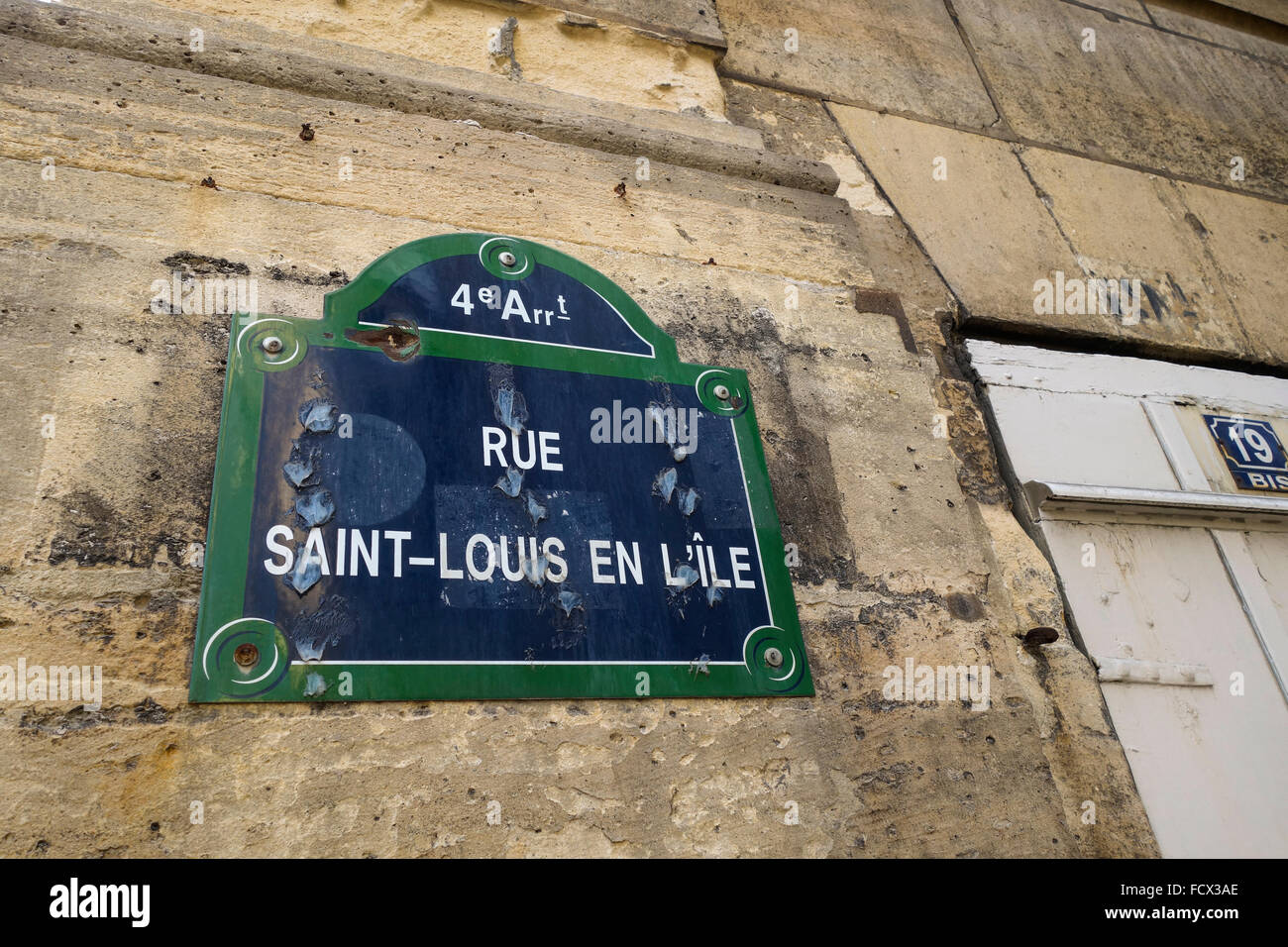 Rue Saint Louis en L'ile, 4th arrondisement vintage metal street sign, Paris, France. Stock Photo
