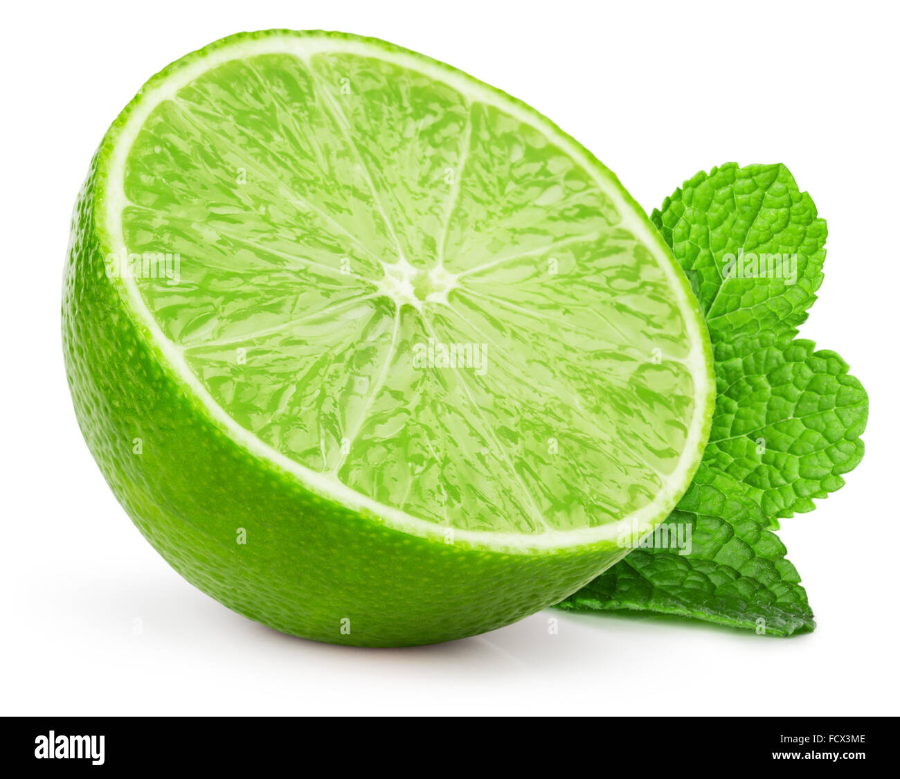 lime slice with mint leaves isolated on the white background. Stock Photo