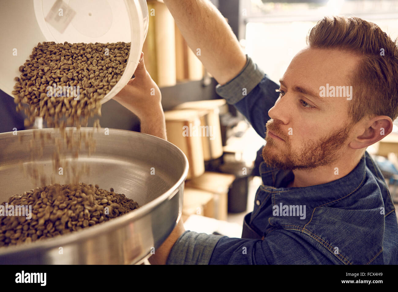 Man pouring coffee beans into a roasting machine Stock Photo Alamy