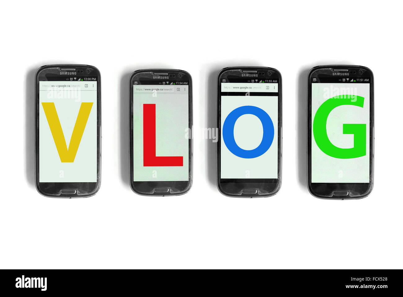 Vlog on the screens of smartphones photographed against a white background. Stock Photo