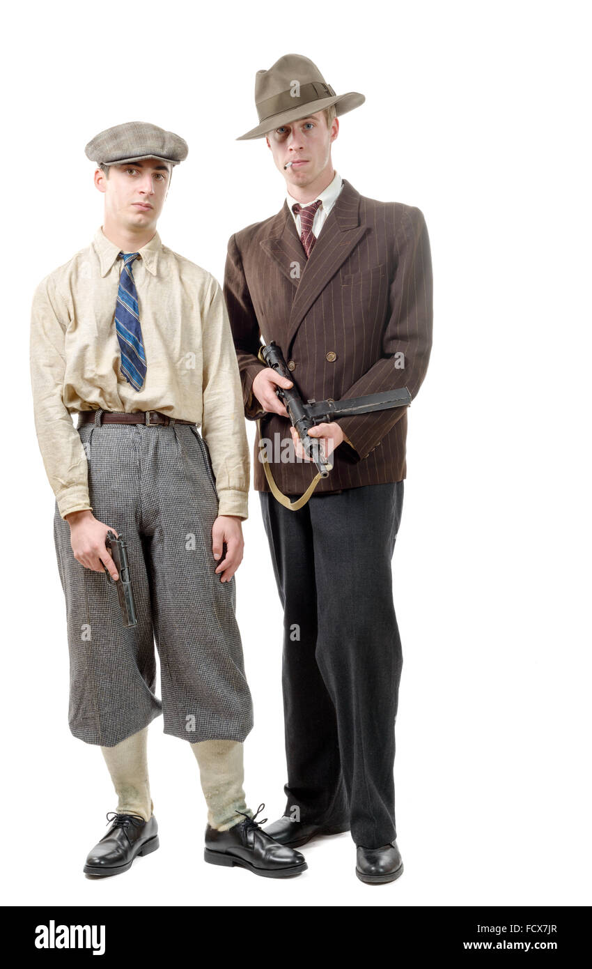 two gangster in vintage clothing, with guns, on white Stock Photo Alamy