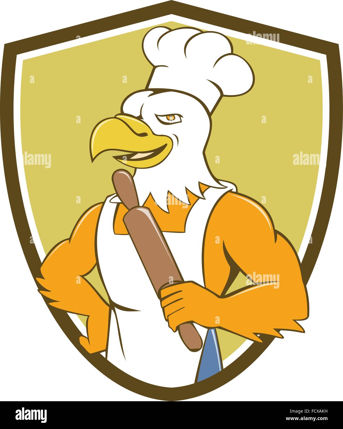 Illustration of a bald eagle baker chef cook holding rolling pin looking to the side set inside shield crest done in cartoon style. Stock Vector