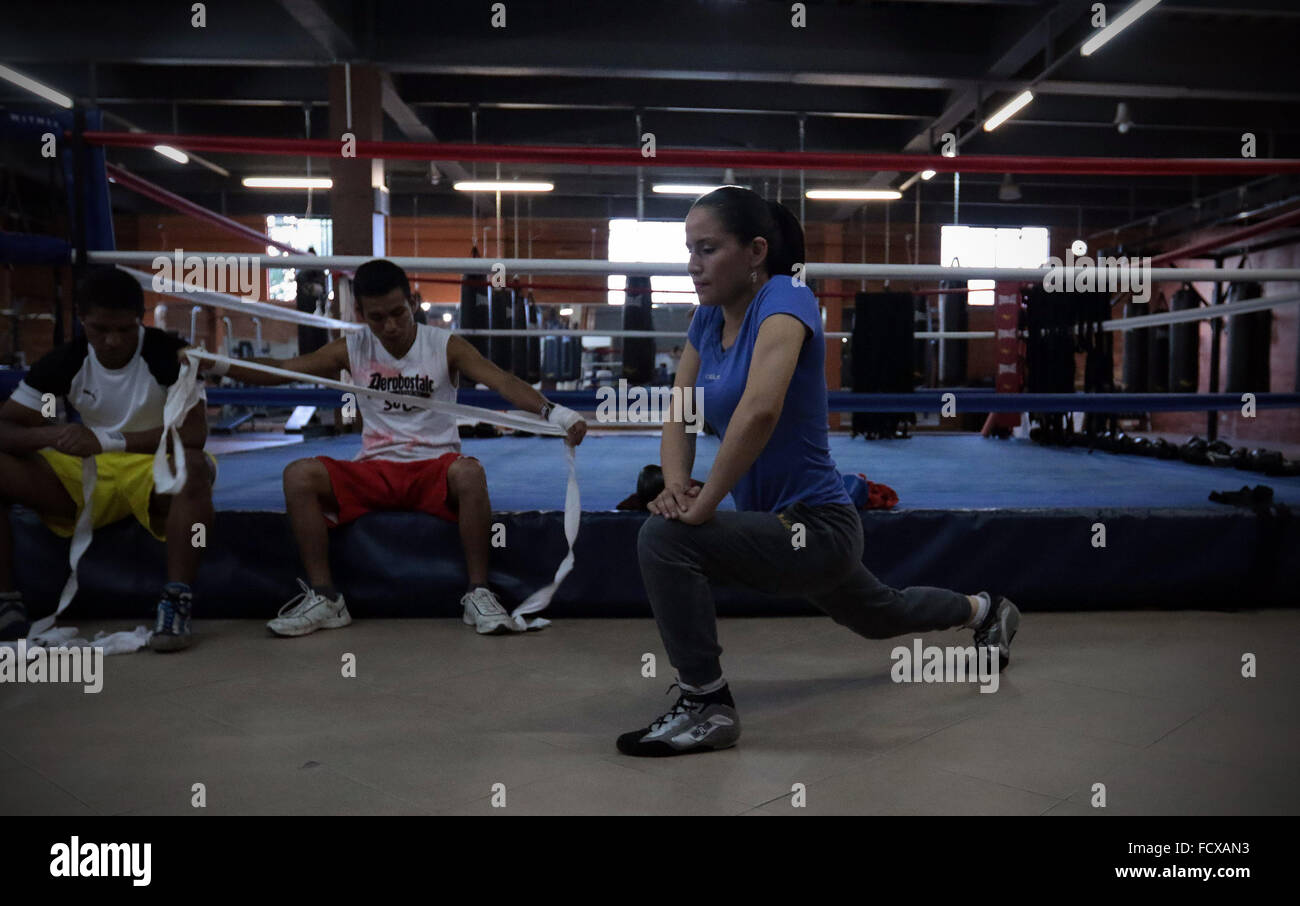 Quito, Ecuador. 25th Jan, 2016. Ecuadorian boxer Jhosep "La Chica de Oro" Vizcaino takes part in