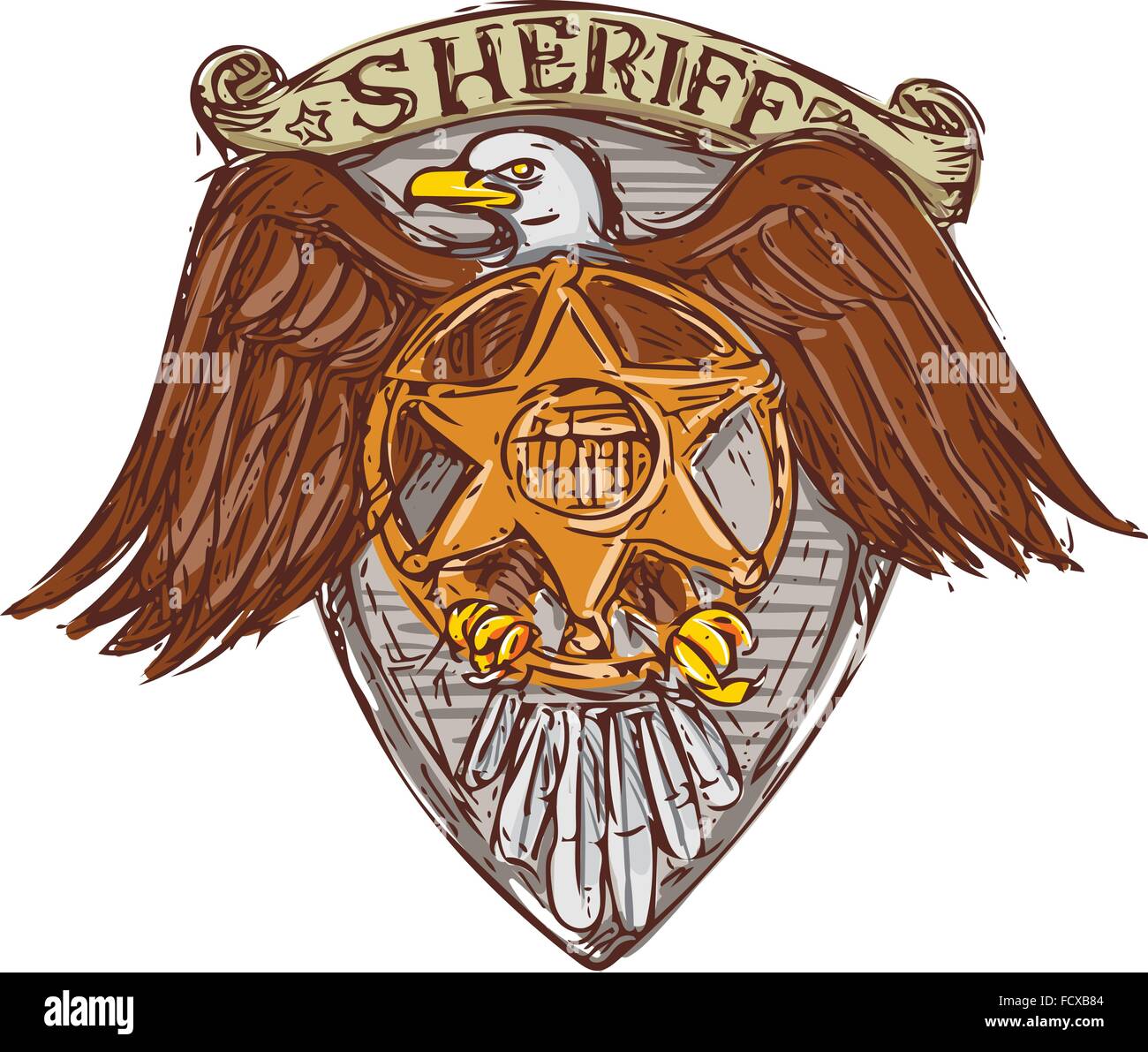 Drawing sketch style illustration of a sheriff badge with american eagle set inside shield on isolated background. Stock Vector