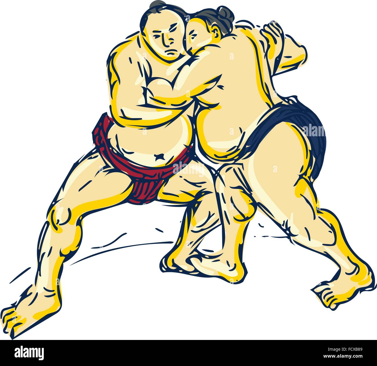 Drawing sketch style illustration of a Japanese sumo wrestlers wrestling facing front set on isolated white background. Stock Vector