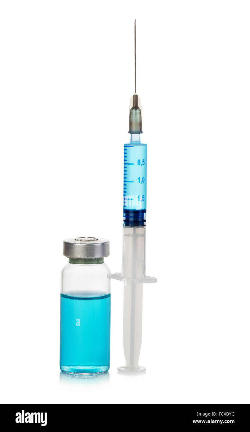 Sterile medical vials with blue medication solution, ampoules, and syringe isolated on a white background. Stock Photo