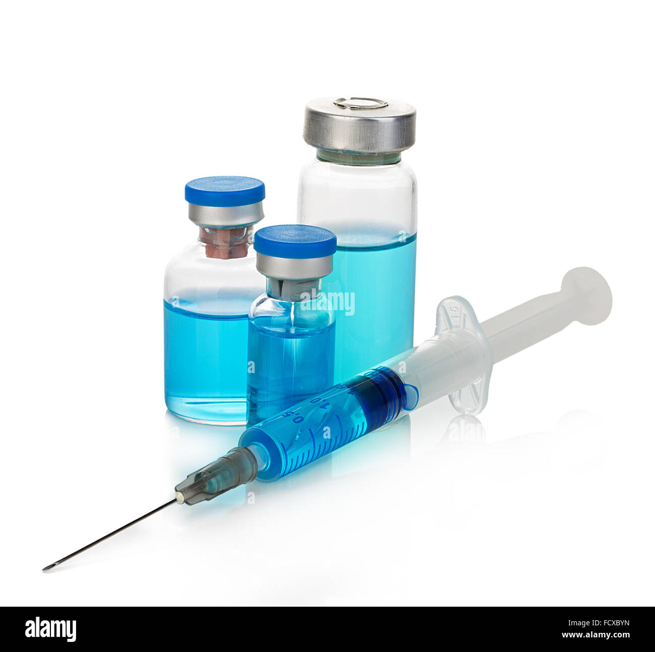 Sterile medical vials with blue medication solution, ampoules, and