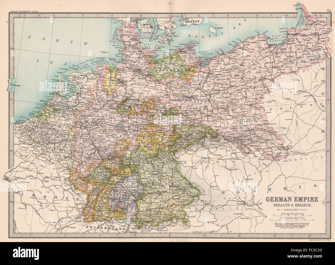 EUROPE: German Empire Holland & Belgium. BARTHOLOMEW, 1890 antique map