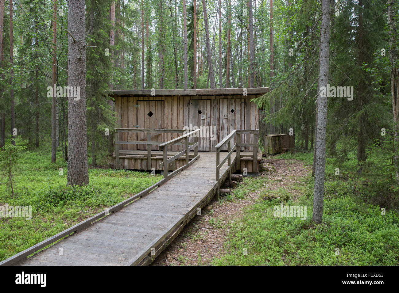 Handicap accessible ramp and toilets in the Arctic Circle Hiking Area near Rovaniemi, Finland Stock Photo