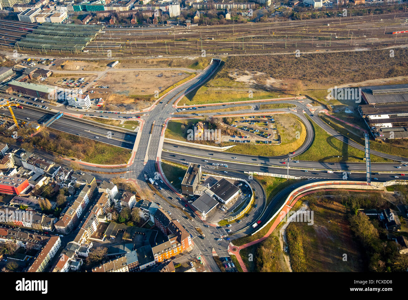 Aerial view, A59 motorway junction Koloniestraße am Hauptbahnhof Duisburg, Duisburg, Ruhr Area, North Rhine Westphalia, Germany, Stock Photo