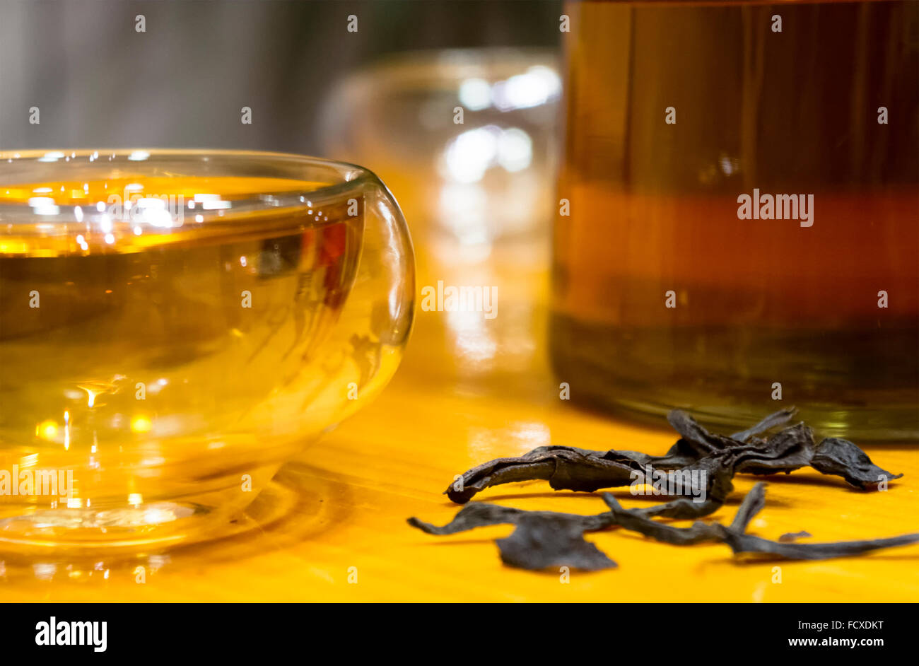 Chinese tea on light wooden background, macro Stock Photo